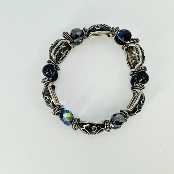 Chicos Bracelet Enamel AB Beaded Stretchy Silver Tone Costume Jewelry - Picture 2 of 6